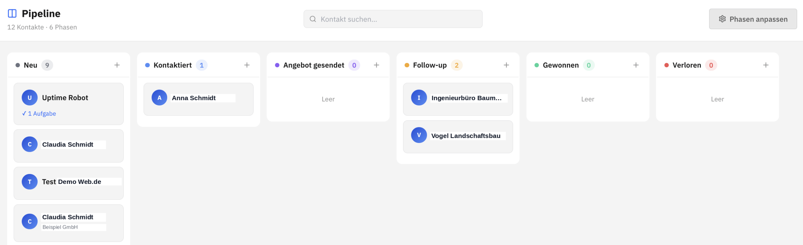 Sales-Pipeline im mindtoapp CRM mit Kontakten in den Phasen Neu, Kontaktiert, Angebot, Follow-up, Gewonnen und Verloren