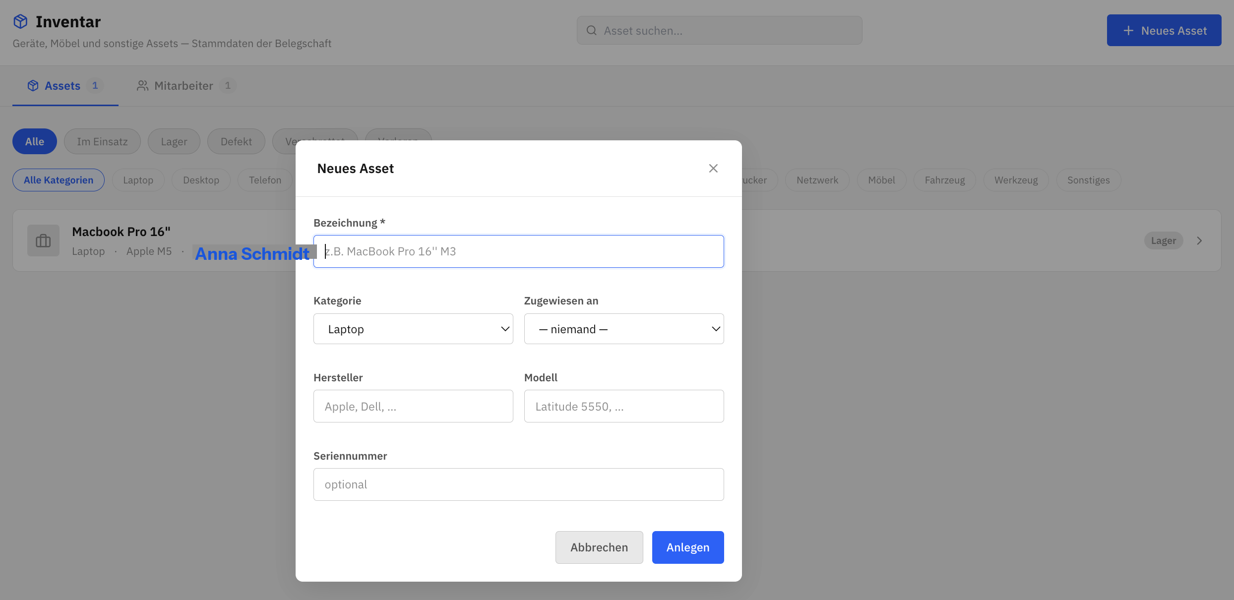 Inventar-Verwaltung mit Modal Neues Asset